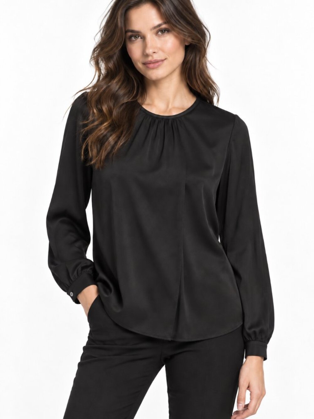 Vince Black Polyester Satin Drape Crewneck Long Sleeve Blouse
